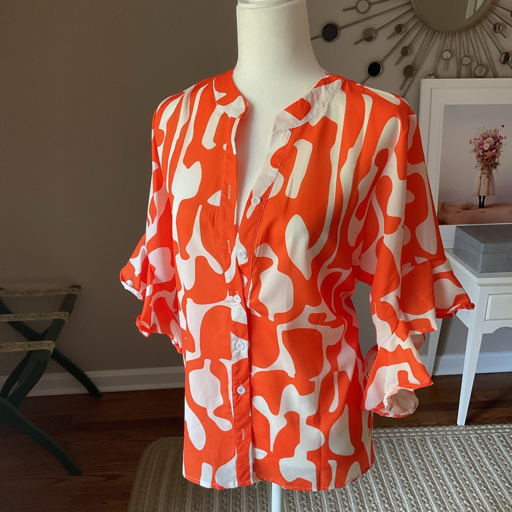 Orange and White Women's Button-Up Top